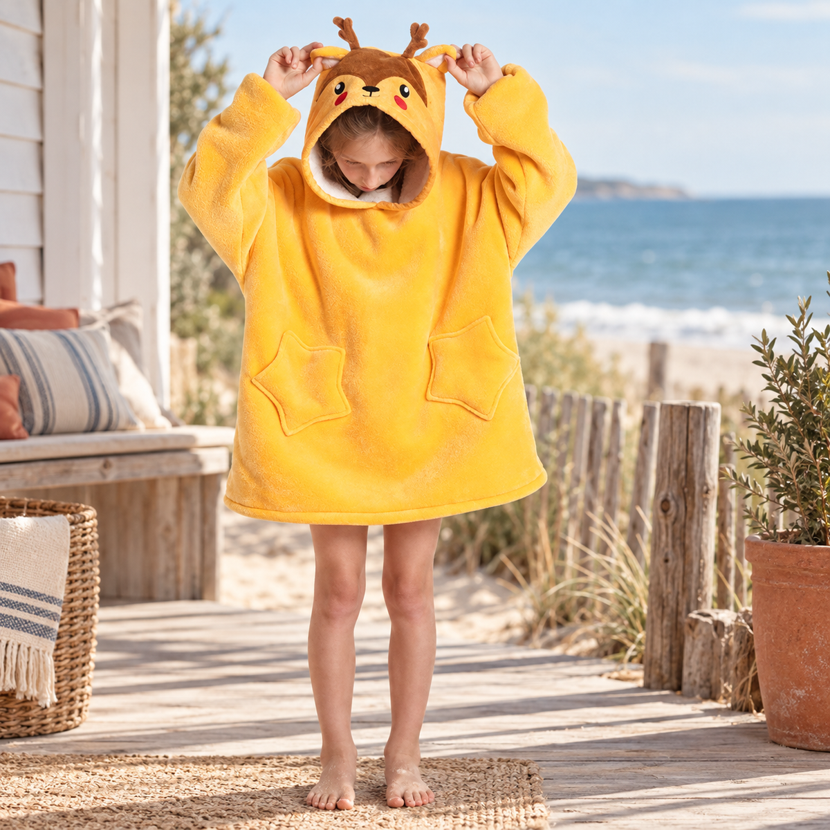 Poncho Plaid Cerf – Jaune / Enfant, visuel principal lifestyle