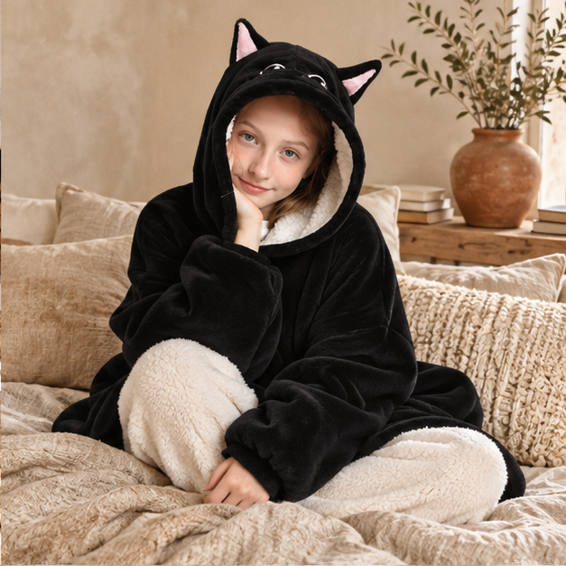 Poncho Plaid Chat – Noir / Enfant, dans un intérieur côtier lumineux