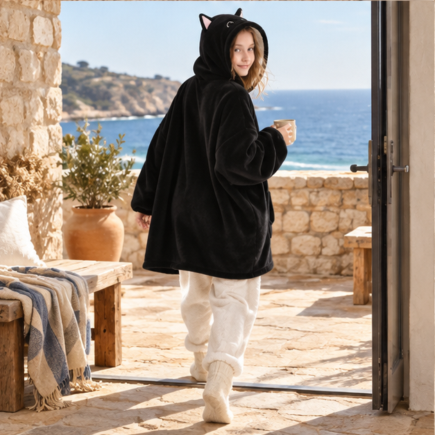 Poncho Plaid Chat – Noir / Enfant, porté en mouvement au bord de l’océan