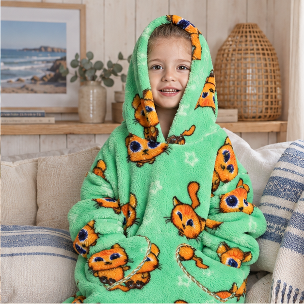 Poncho Plaid Chat Roux, dans un intérieur côtier lumineux