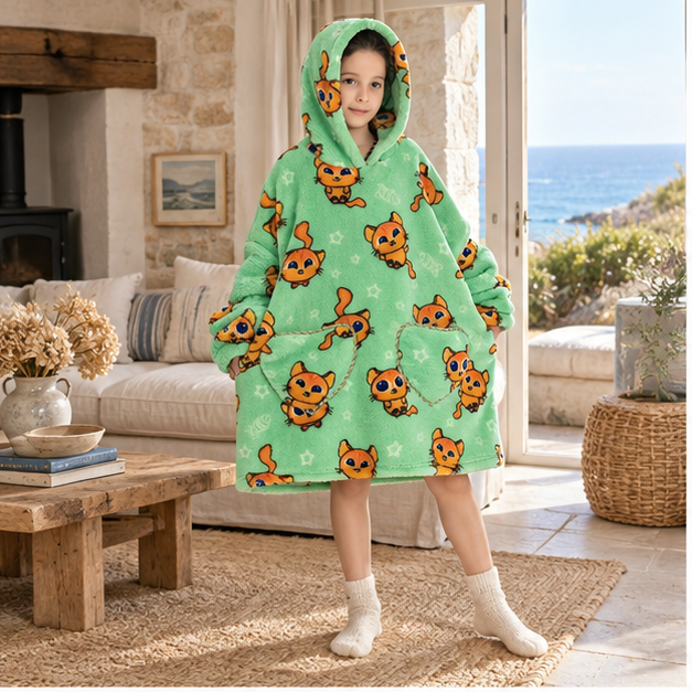 Poncho Plaid Chat Roux – Vert / Enfant, en situation sur la côte Atlantique