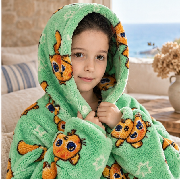 Poncho Plaid Chat Roux – Vert / Enfant, dans un intérieur côtier lumineux