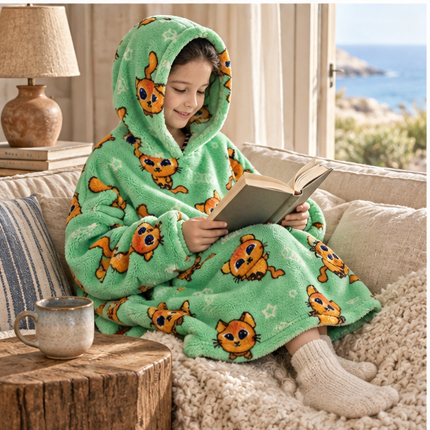 Poncho Plaid Chat Roux – Vert / Enfant, porté en mouvement au bord de l’océan