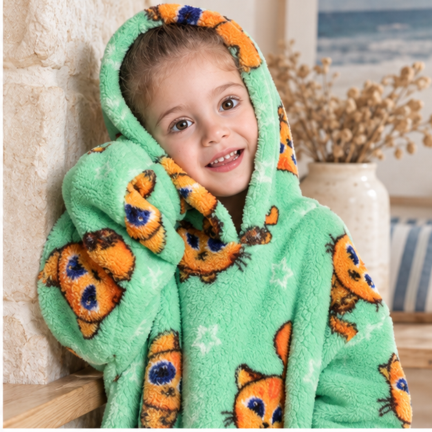 Poncho Plaid Chat Roux – Vert / Bébé, dans un intérieur côtier lumineux