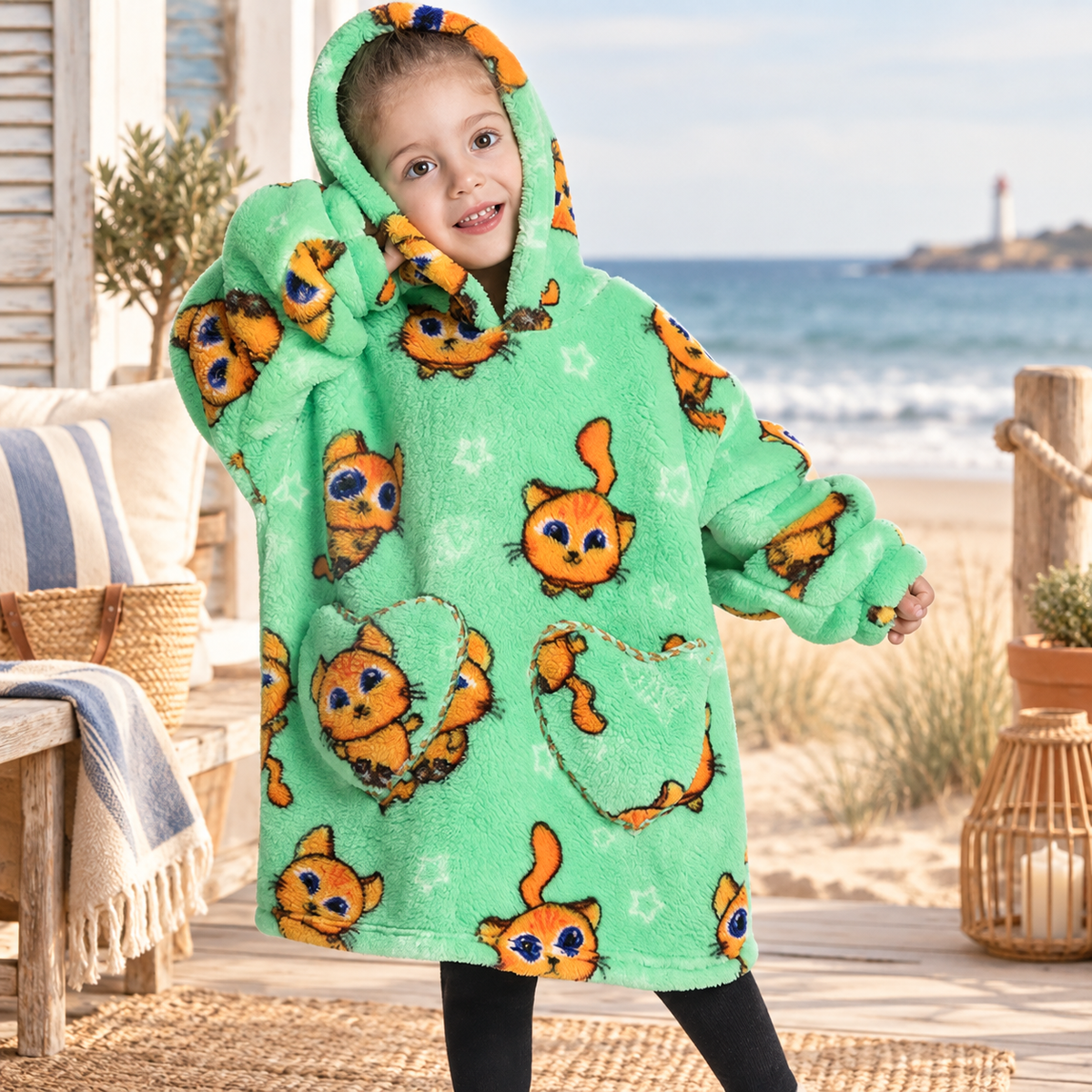 Poncho Plaid Chat Roux – Vert / Bébé, visuel principal lifestyle