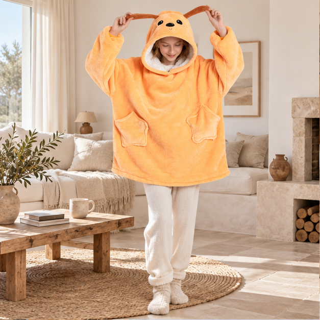 Poncho Plaid Chien – Orange / Enfant, en situation sur la côte Atlantique