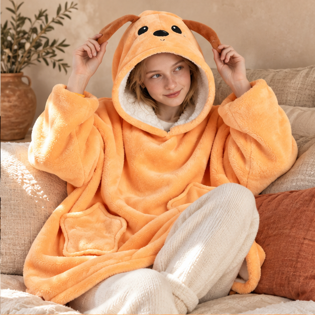 Poncho Plaid Chien – Orange / Enfant, dans un intérieur côtier lumineux