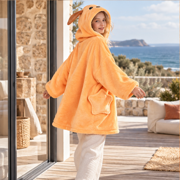 Poncho Plaid Chien – Orange / Enfant, porté en mouvement au bord de l’océan