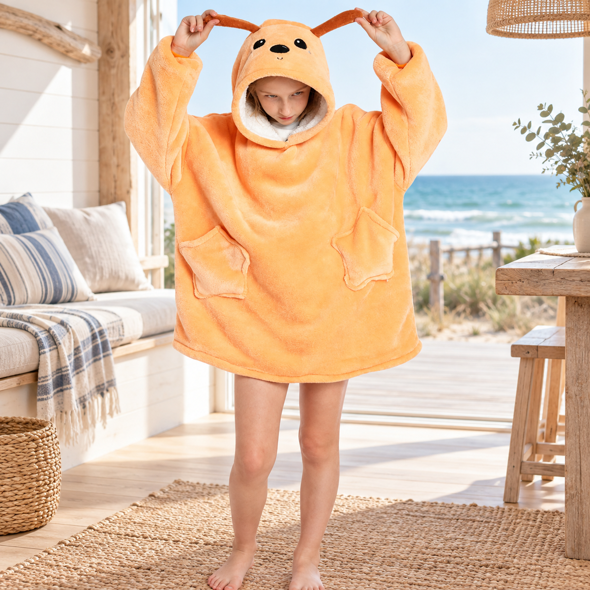 Poncho Plaid Chien – Orange / Enfant, visuel principal lifestyle