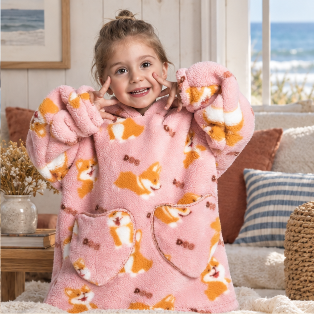 Poncho Plaid Corgi, dans un intérieur côtier lumineux