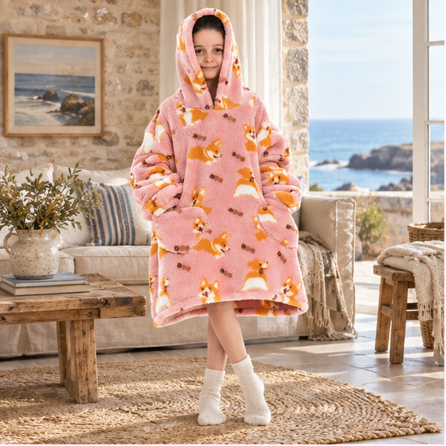 Poncho Plaid Corgi – Rose / Enfant, en situation sur la côte Atlantique