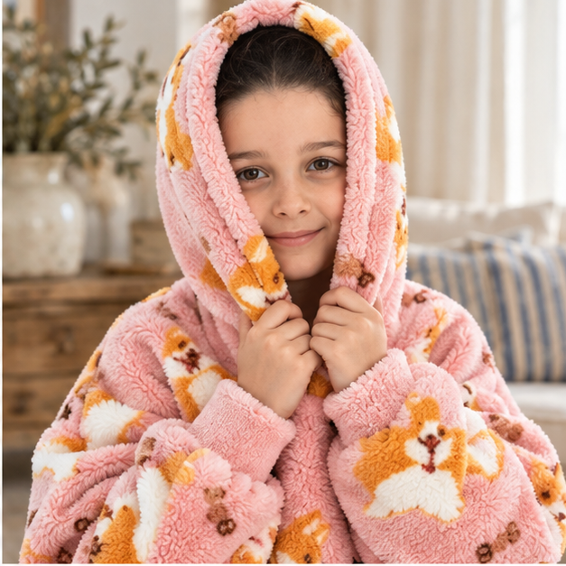 Poncho Plaid Corgi – Rose / Enfant, dans un intérieur côtier lumineux