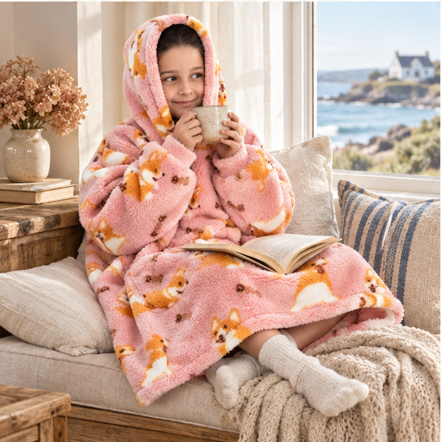 Poncho Plaid Corgi – Rose / Enfant, porté en mouvement au bord de l’océan
