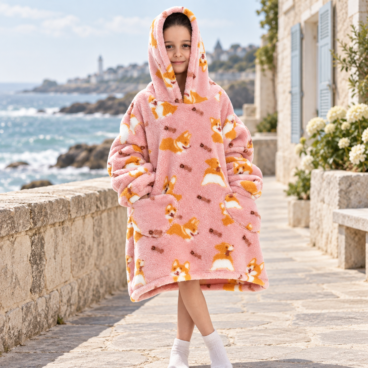 Poncho Plaid Corgi – Rose / Enfant, visuel principal lifestyle