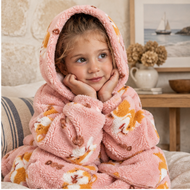 Poncho Plaid Corgi – Rose / Bébé, dans un intérieur côtier lumineux