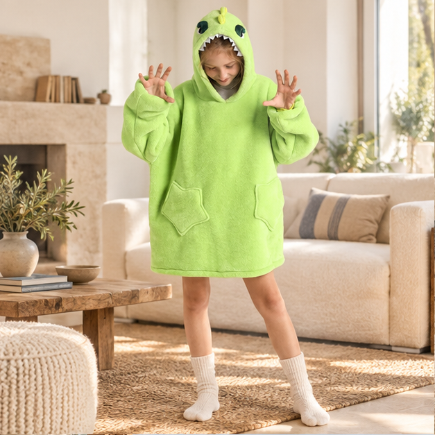 Poncho Plaid Dinosaure – Vert / Enfant, en situation sur la côte Atlantique
