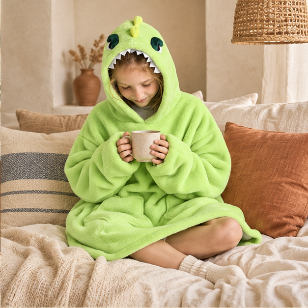 Poncho Plaid Dinosaure – Vert / Enfant, dans un intérieur côtier lumineux