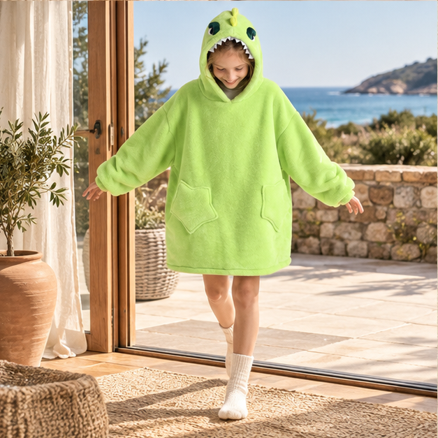 Poncho Plaid Dinosaure – Vert / Enfant, porté en mouvement au bord de l’océan