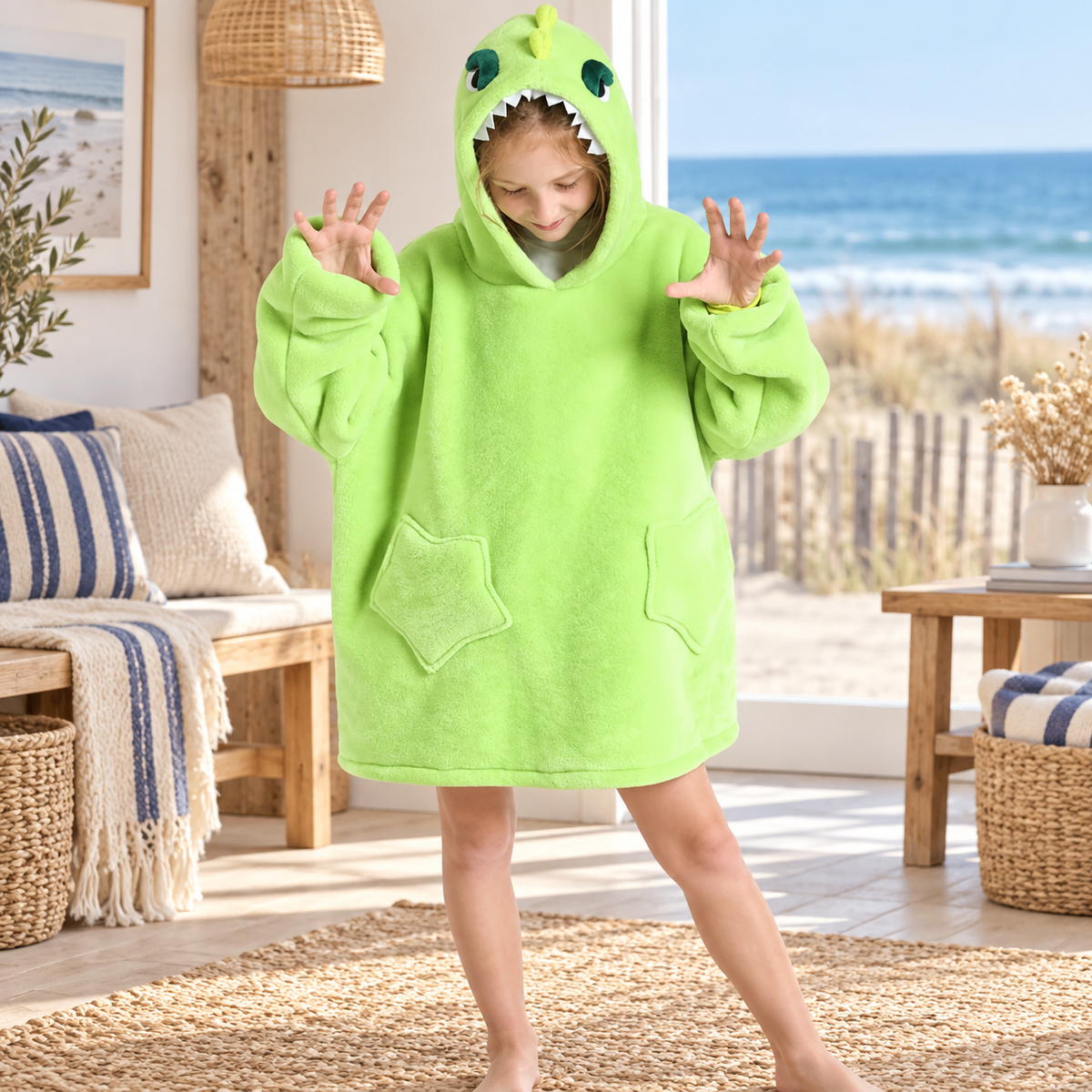 Poncho Plaid Dinosaure – Vert / Enfant, visuel principal lifestyle