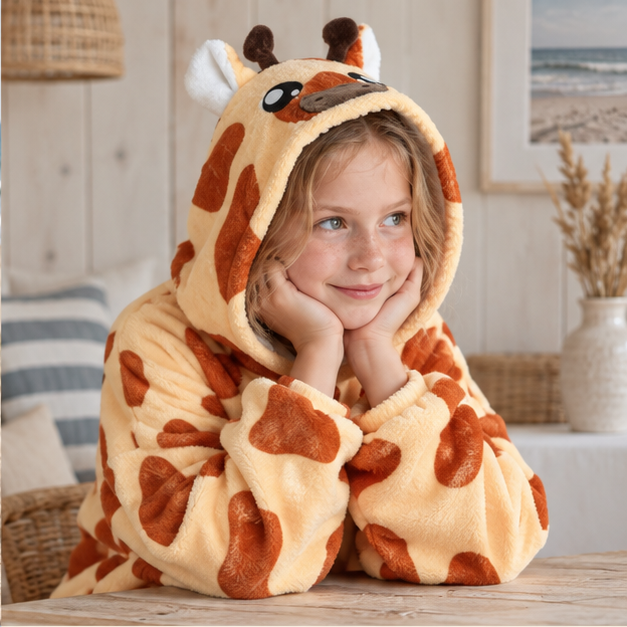 Poncho Plaid Girafe – Jaune / Enfant, dans un intérieur côtier lumineux