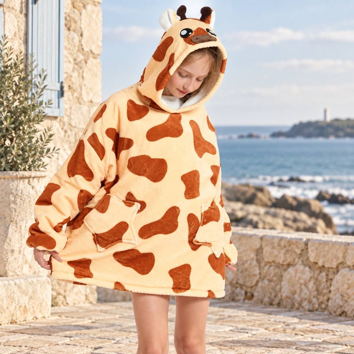 Poncho Plaid Girafe – Jaune / Enfant, visuel principal lifestyle