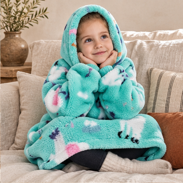 Poncho Plaid Lama – Turquoise / Bébé, dans un intérieur côtier lumineux