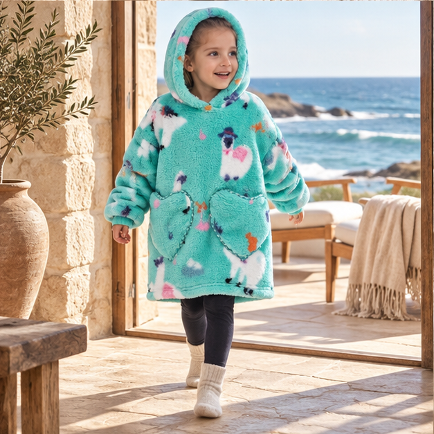 Poncho Plaid Lama – Turquoise / Bébé, porté en mouvement au bord de l’océan