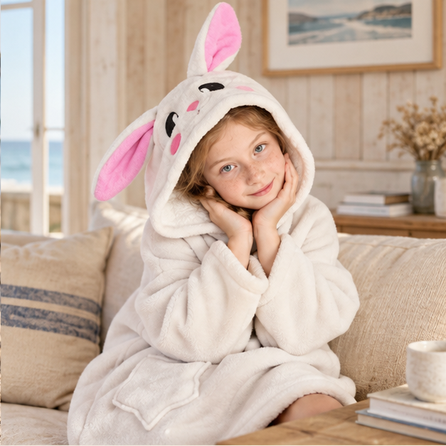 Poncho Plaid Lapin – Blanc / Enfant, dans un intérieur côtier lumineux