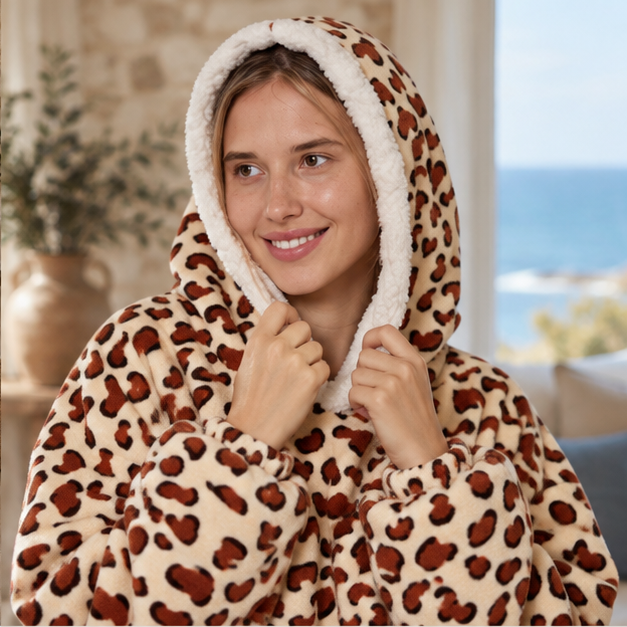 Poncho Plaid Léopard – Beige / Adulte, dans un intérieur côtier lumineux