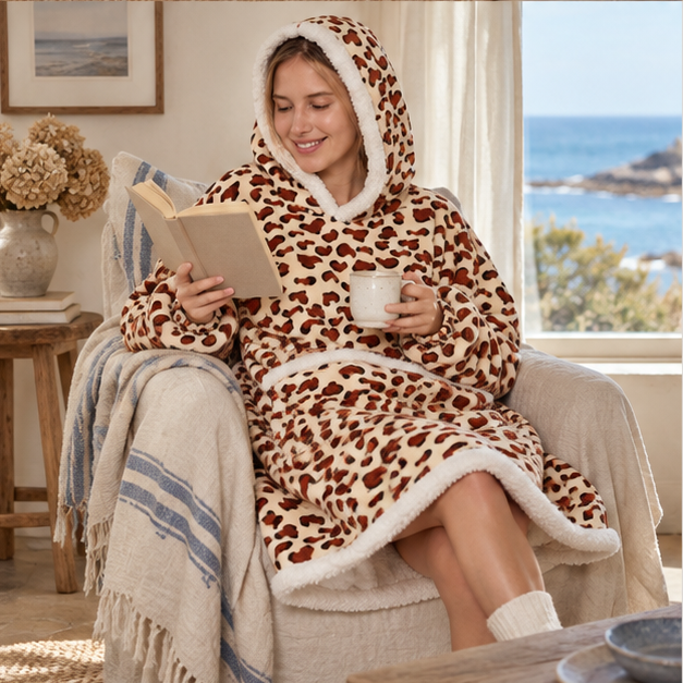 Poncho Plaid Léopard – Beige / Adulte, porté en mouvement au bord de l’océan