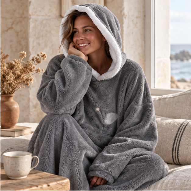 Poncho Plaid Long – Gris / Adulte, dans un intérieur côtier lumineux