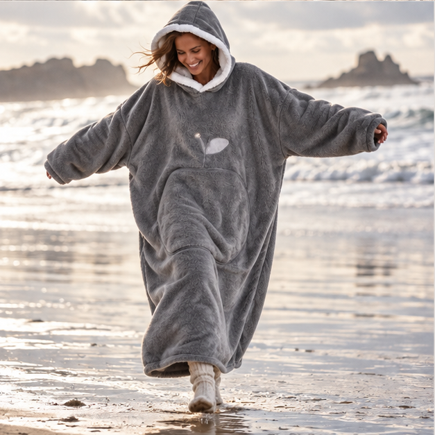 Poncho Plaid Long – Gris / Adulte, porté en mouvement au bord de l’océan