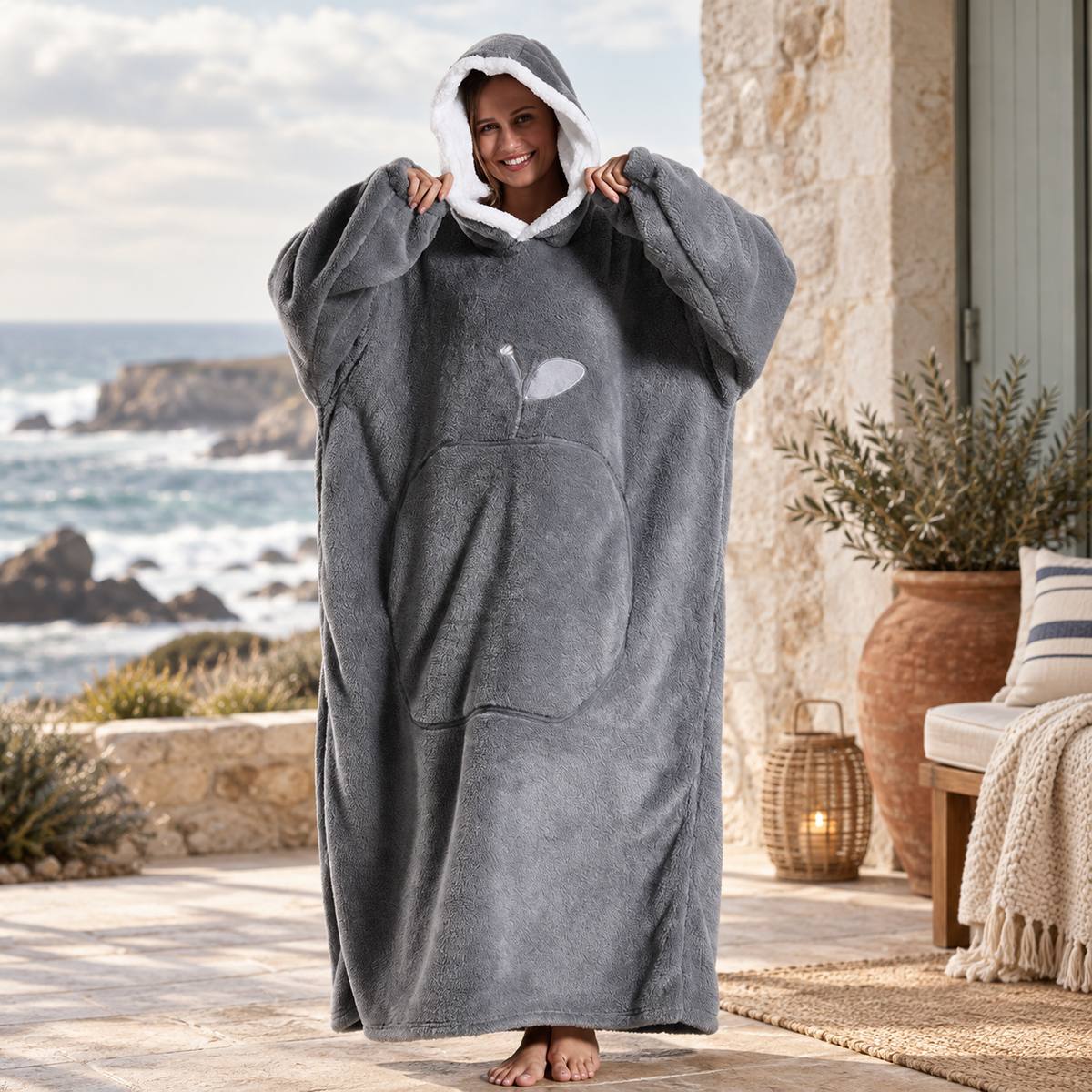 Poncho Plaid Long – Gris / Adulte, visuel principal lifestyle