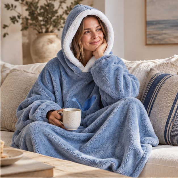 Poncho Plaid Long – Bleu / Adulte, dans un intérieur côtier lumineux