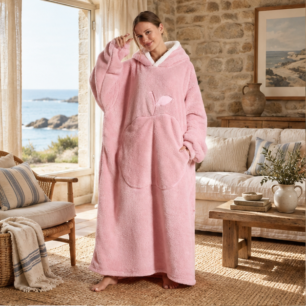 Poncho Plaid Long – Rose / Adulte, en situation sur la côte Atlantique
