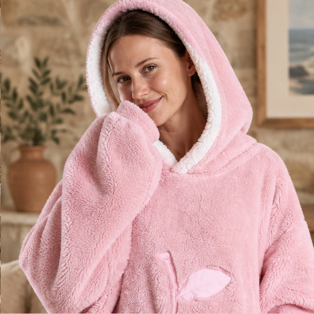 Poncho Plaid Long – Rose / Adulte, dans un intérieur côtier lumineux