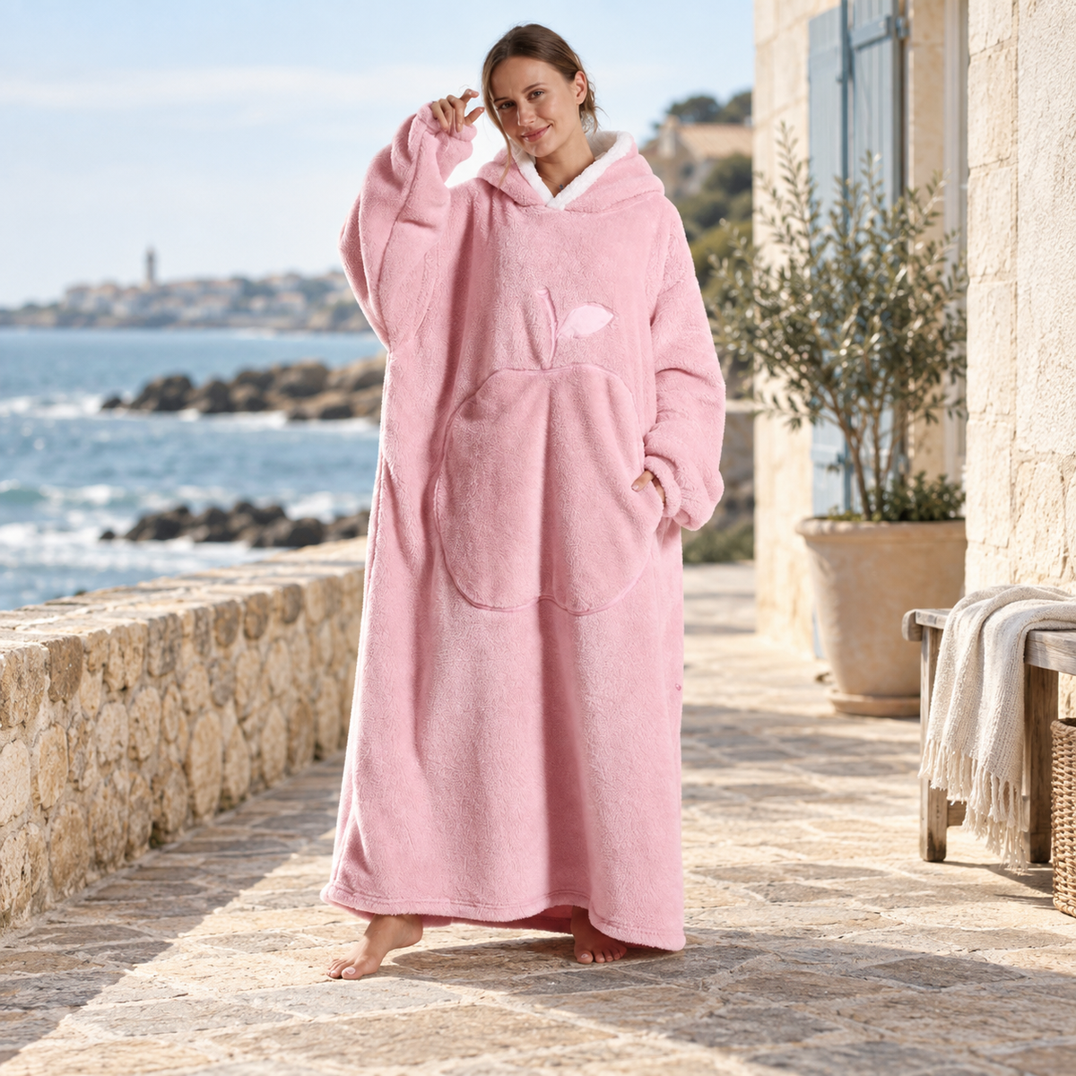Poncho Plaid Long – Rose / Adulte, visuel principal lifestyle