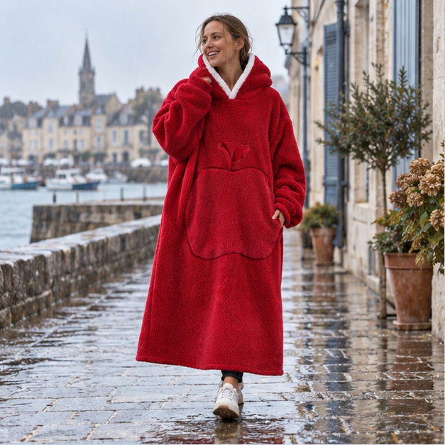Poncho Plaid Long – Rouge / Adulte, en situation sur la côte Atlantique