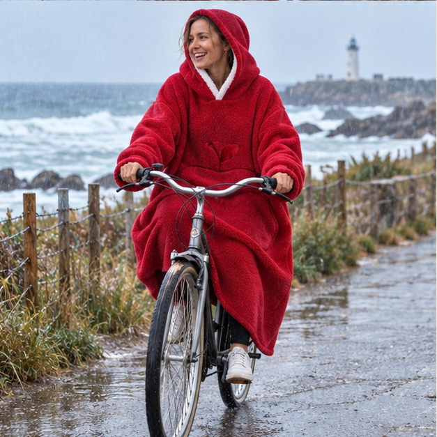 Poncho Plaid Long – Rouge / Adulte, porté en mouvement au bord de l’océan
