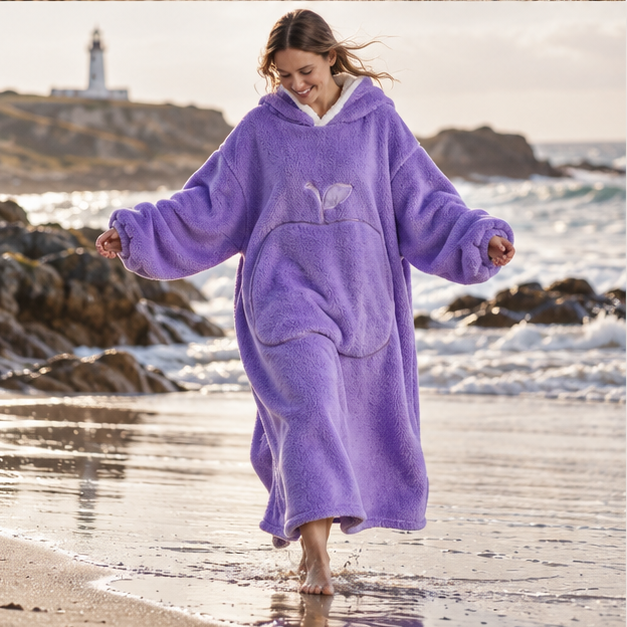 Poncho Plaid Long – Violet / Adulte, porté en mouvement au bord de l’océan