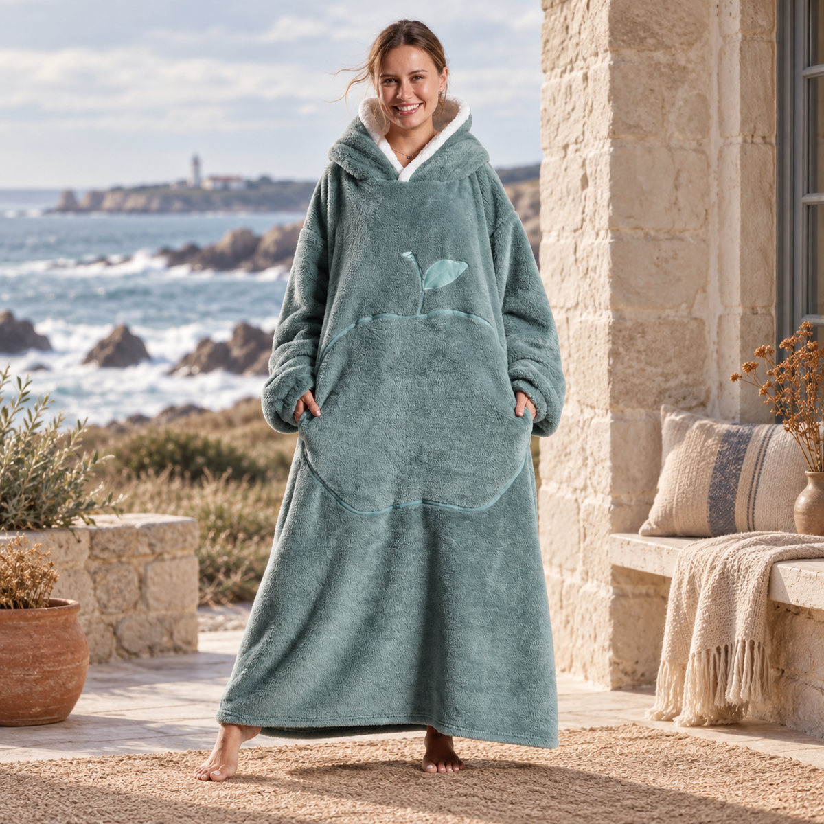 Poncho Plaid Long – Turquoise / Adulte, visuel principal lifestyle