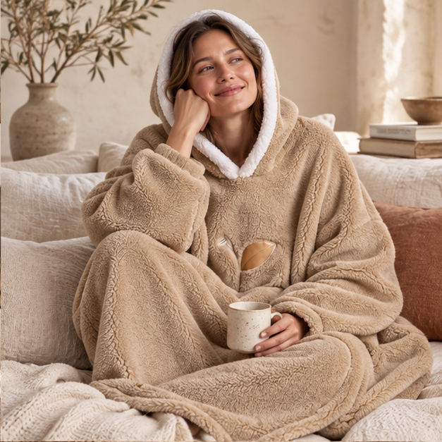 Poncho Plaid Long – Marron / Adulte, dans un intérieur côtier lumineux