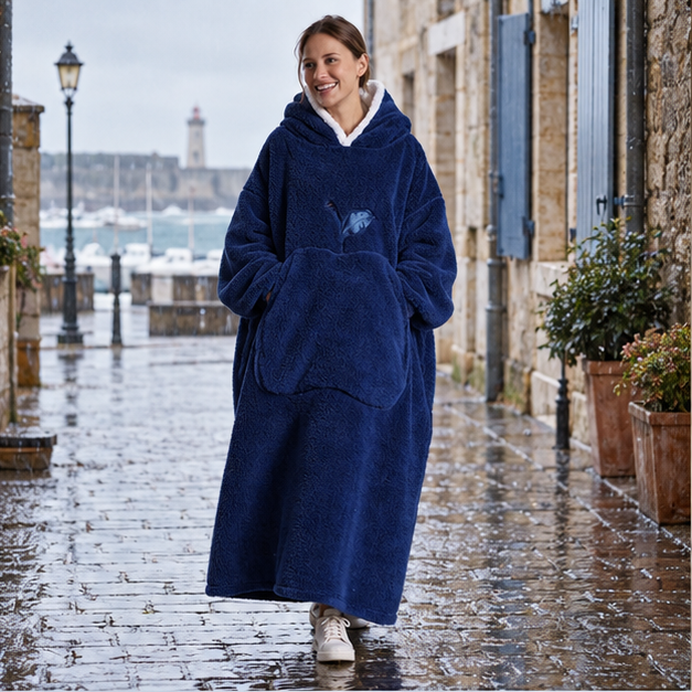 Poncho Plaid Long – Bleu Marine / Adulte, en situation sur la côte Atlantique