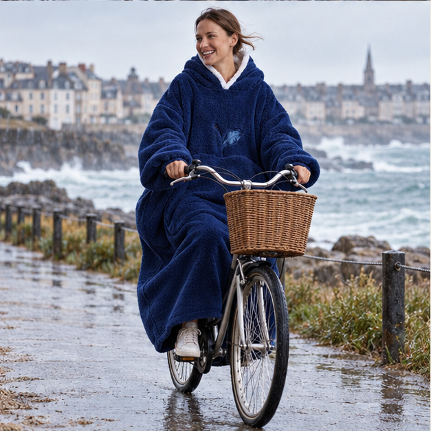 Poncho Plaid Long – Bleu Marine / Adulte, porté en mouvement au bord de l’océan