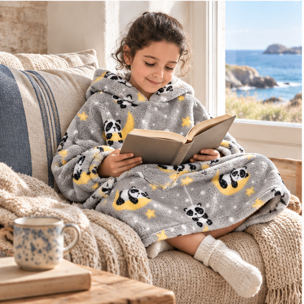 Poncho Plaid Lune et Panda – Gris / Enfant, porté en mouvement au bord de l’océan