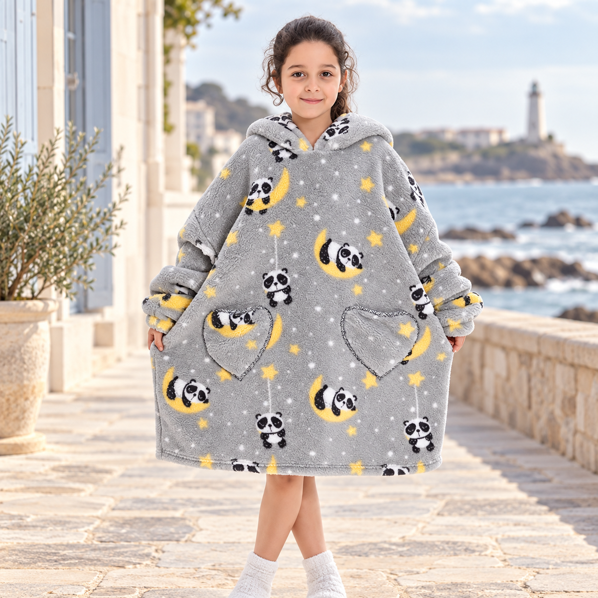 Poncho Plaid Lune et Panda – Gris / Enfant, visuel principal lifestyle