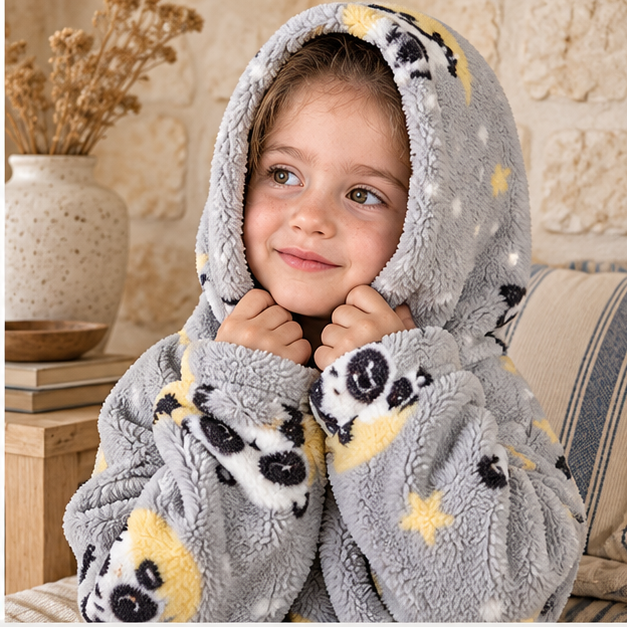 Poncho Plaid Lune et Panda – Gris / Bébé, dans un intérieur côtier lumineux