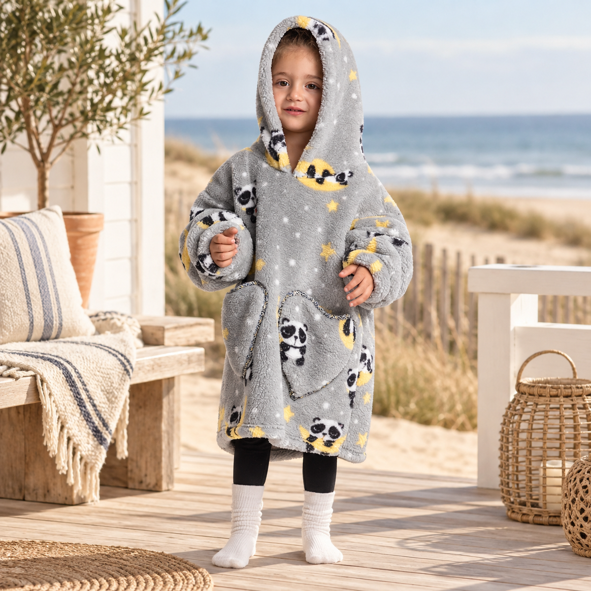 Poncho Plaid Lune et Panda – Gris / Bébé, visuel principal lifestyle