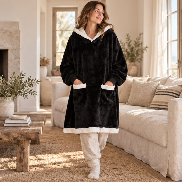 Poncho Plaid Noir – Noir / Adulte, en situation sur la côte Atlantique