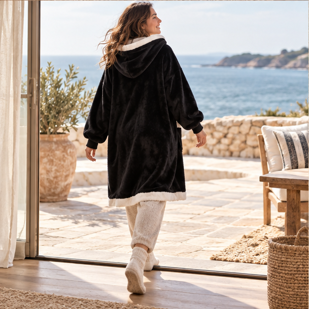 Poncho Plaid Noir – Noir / Adulte, porté en mouvement au bord de l’océan